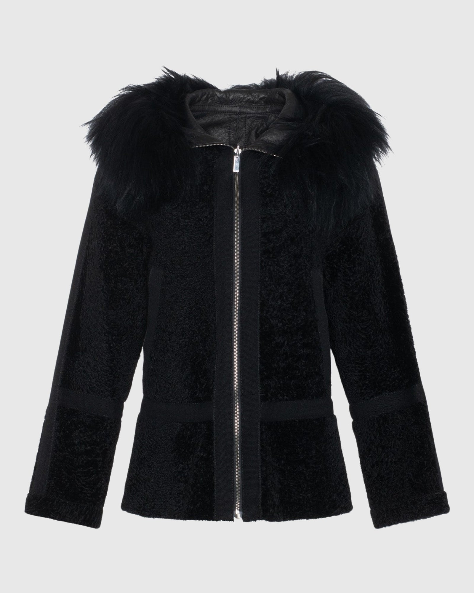 Reversible Shearling Lamb Stroller With Mongolian Lamb Hood Trim | Black