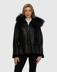 Reversible Shearling Lamb Stroller With Mongolian Lamb Hood Trim | Black