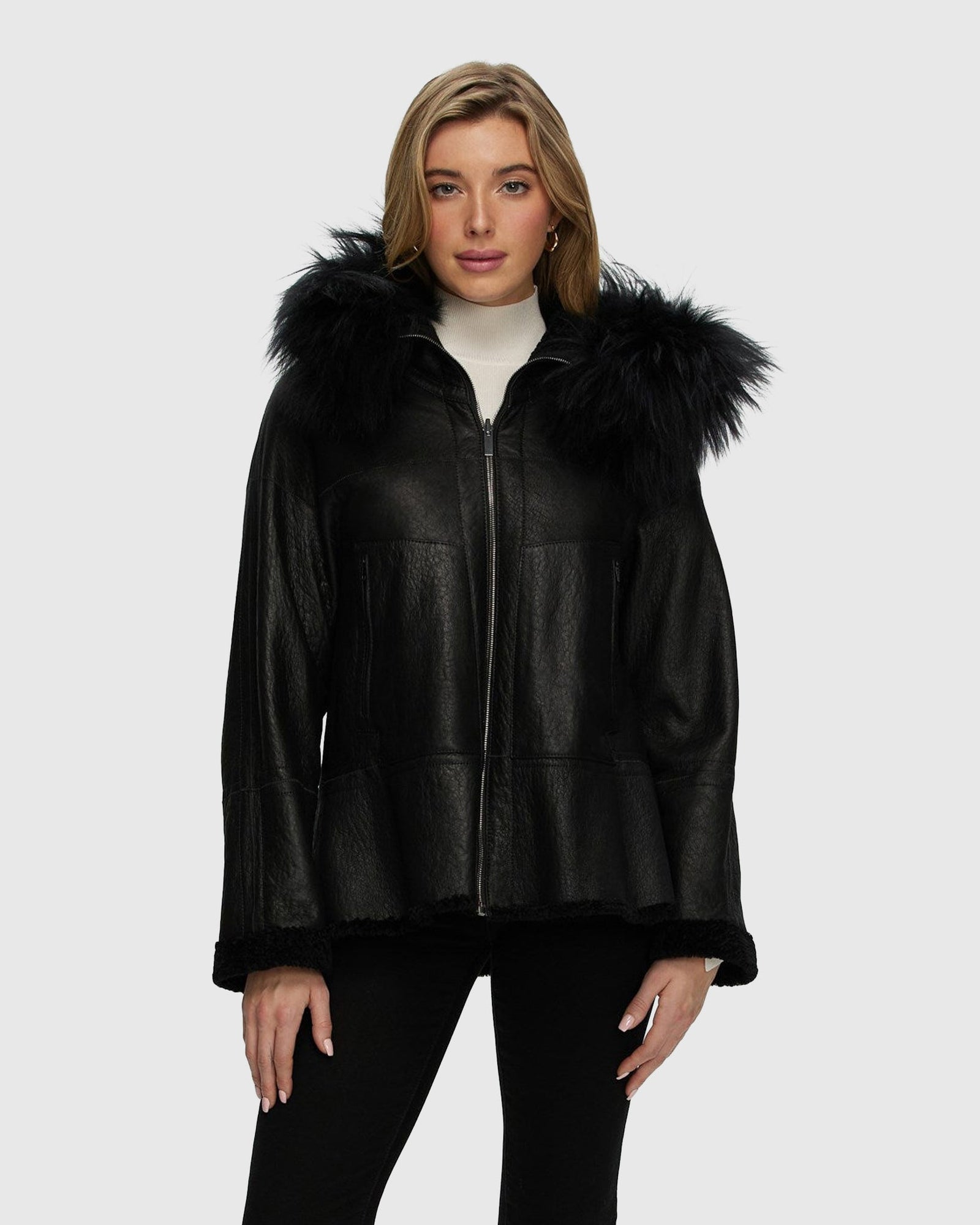 Reversible Shearling Lamb Stroller With Mongolian Lamb Hood Trim | Black