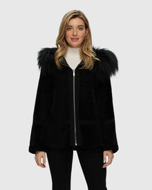 Reversible Shearling Lamb Stroller With Mongolian Lamb Hood Trim | Black