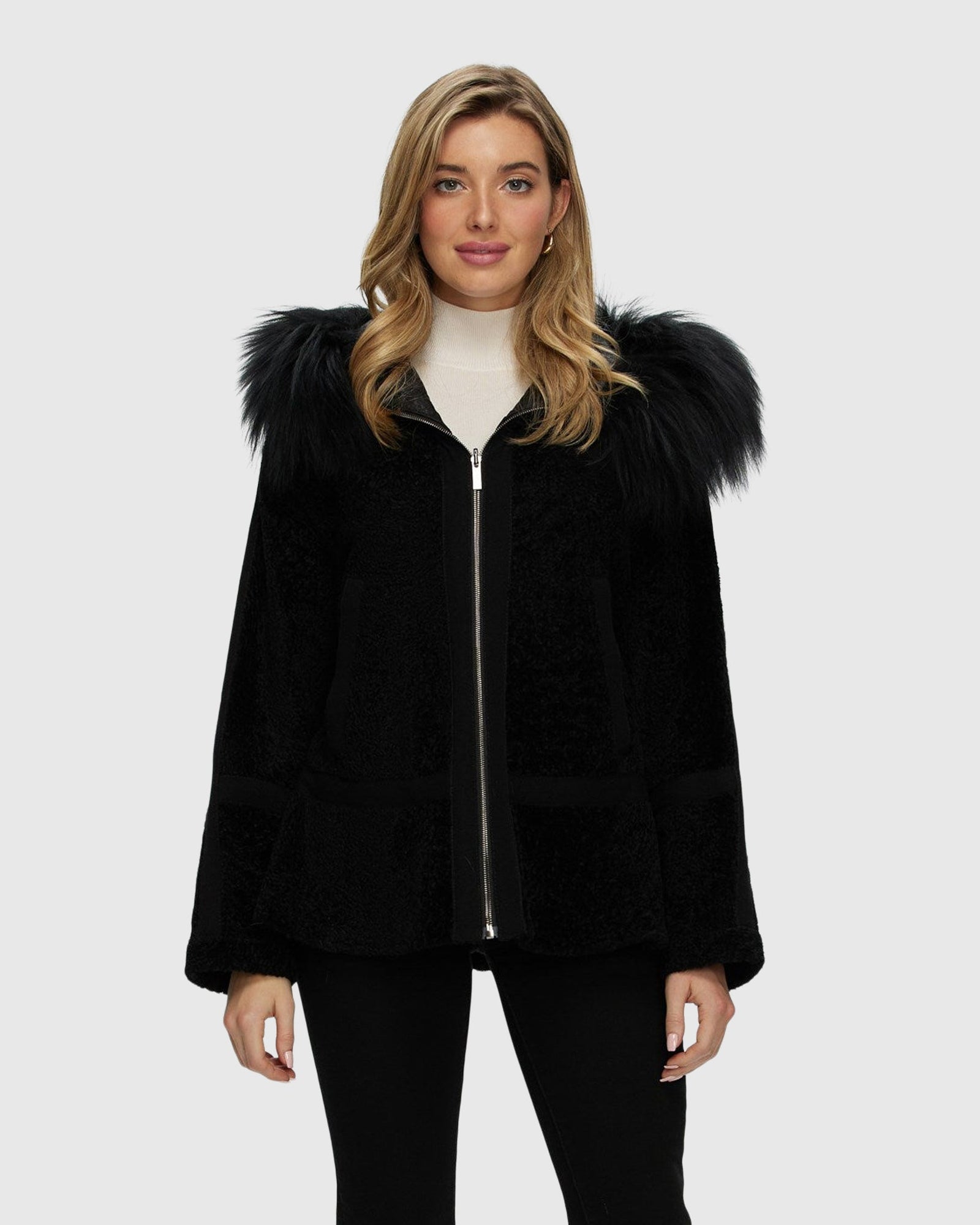 Reversible Shearling Lamb Stroller With Mongolian Lamb Hood Trim | Black