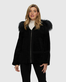 Reversible Shearling Lamb Stroller With Mongolian Lamb Hood Trim | Black