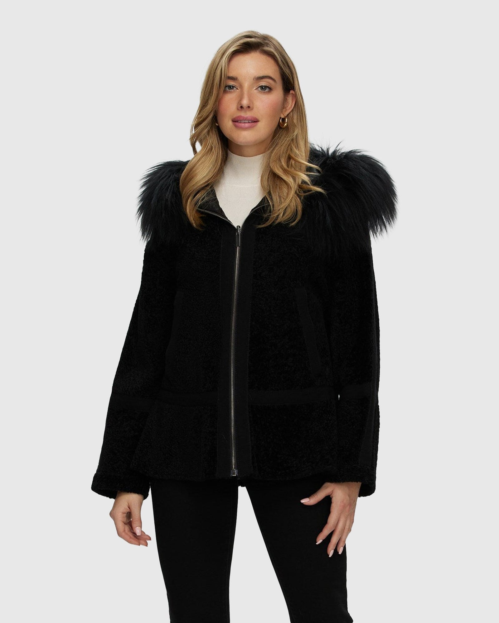 Reversible Shearling Lamb Stroller With Mongolian Lamb Hood Trim | Black