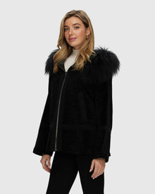 Reversible Shearling Lamb Stroller With Mongolian Lamb Hood Trim | Black