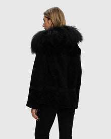 Reversible Shearling Lamb Stroller With Mongolian Lamb Hood Trim | Black