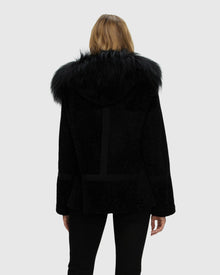 Reversible Shearling Lamb Stroller With Mongolian Lamb Hood Trim | Black