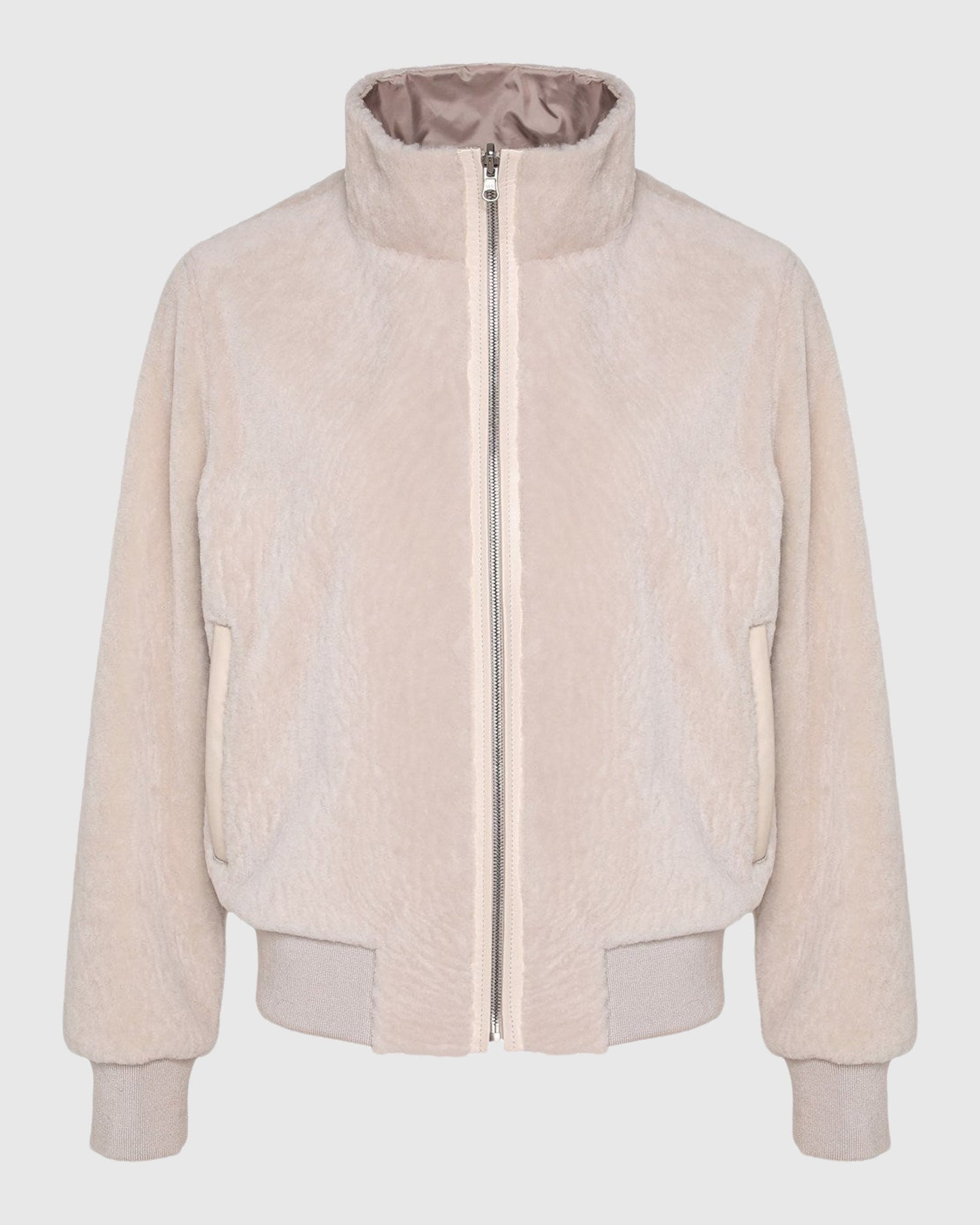 Reversible Textured Shearling Lamb Bomber Jacket | Cream/Cream