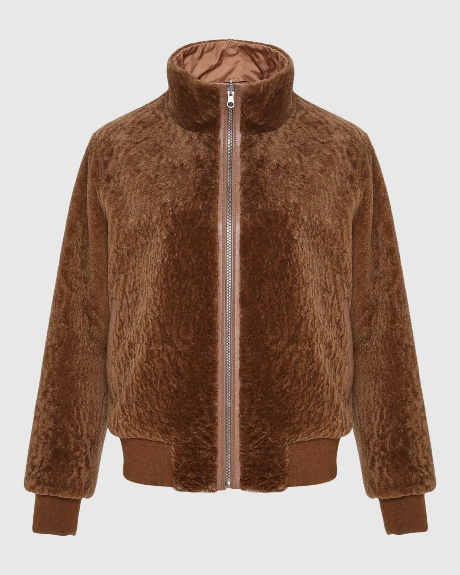 Reversible Textured Shearling Lamb Bomber Jacket | Camel/Camel