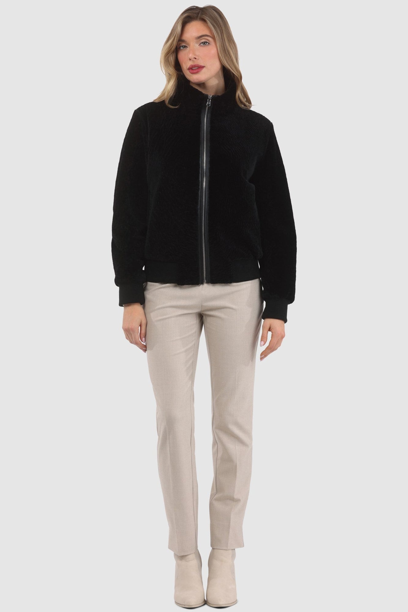 Reversible Tetured Shearling Lamb Bomber Jacket | Women | Black x Black