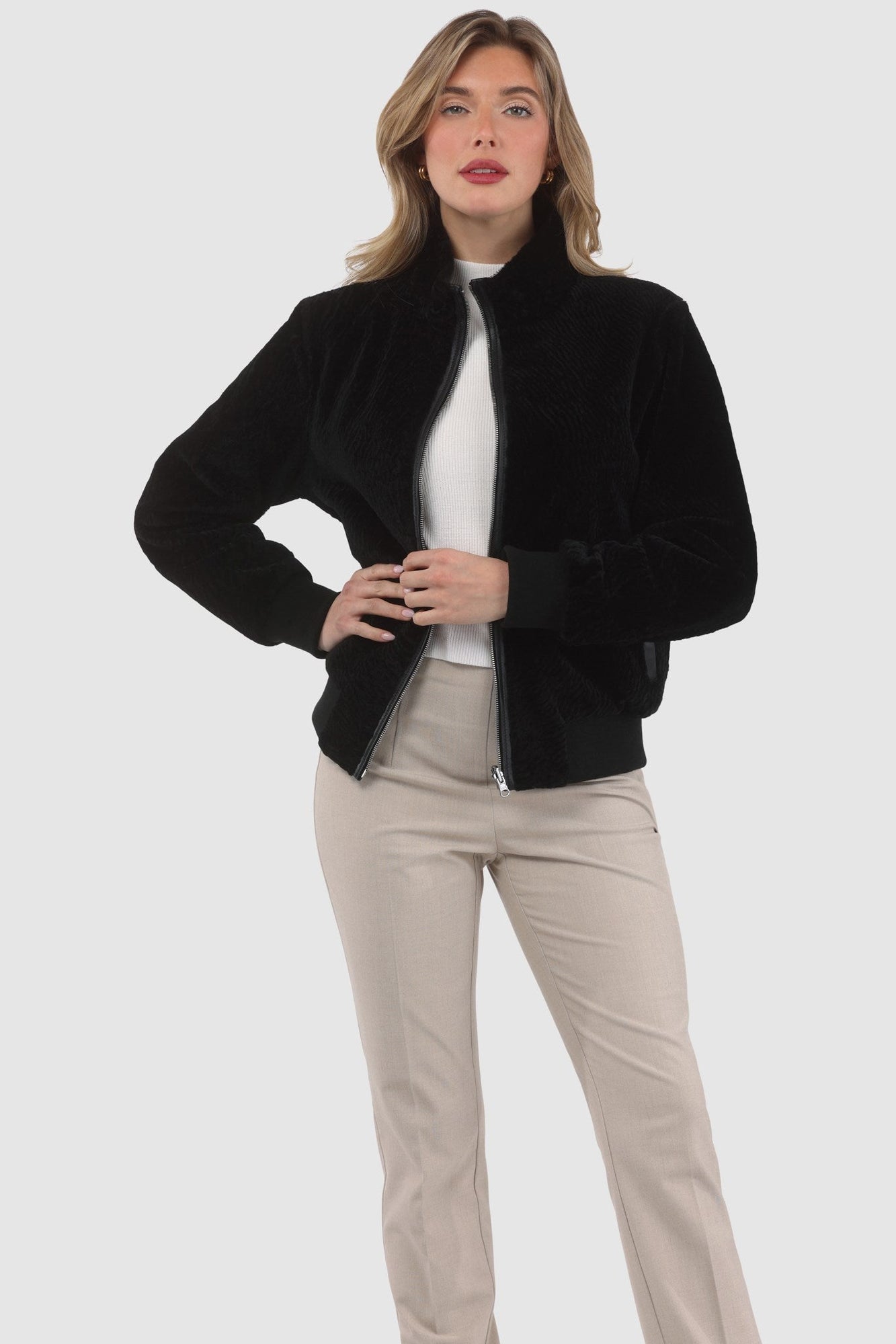 Reversible Tetured Shearling Lamb Bomber Jacket | Women | Black x Black