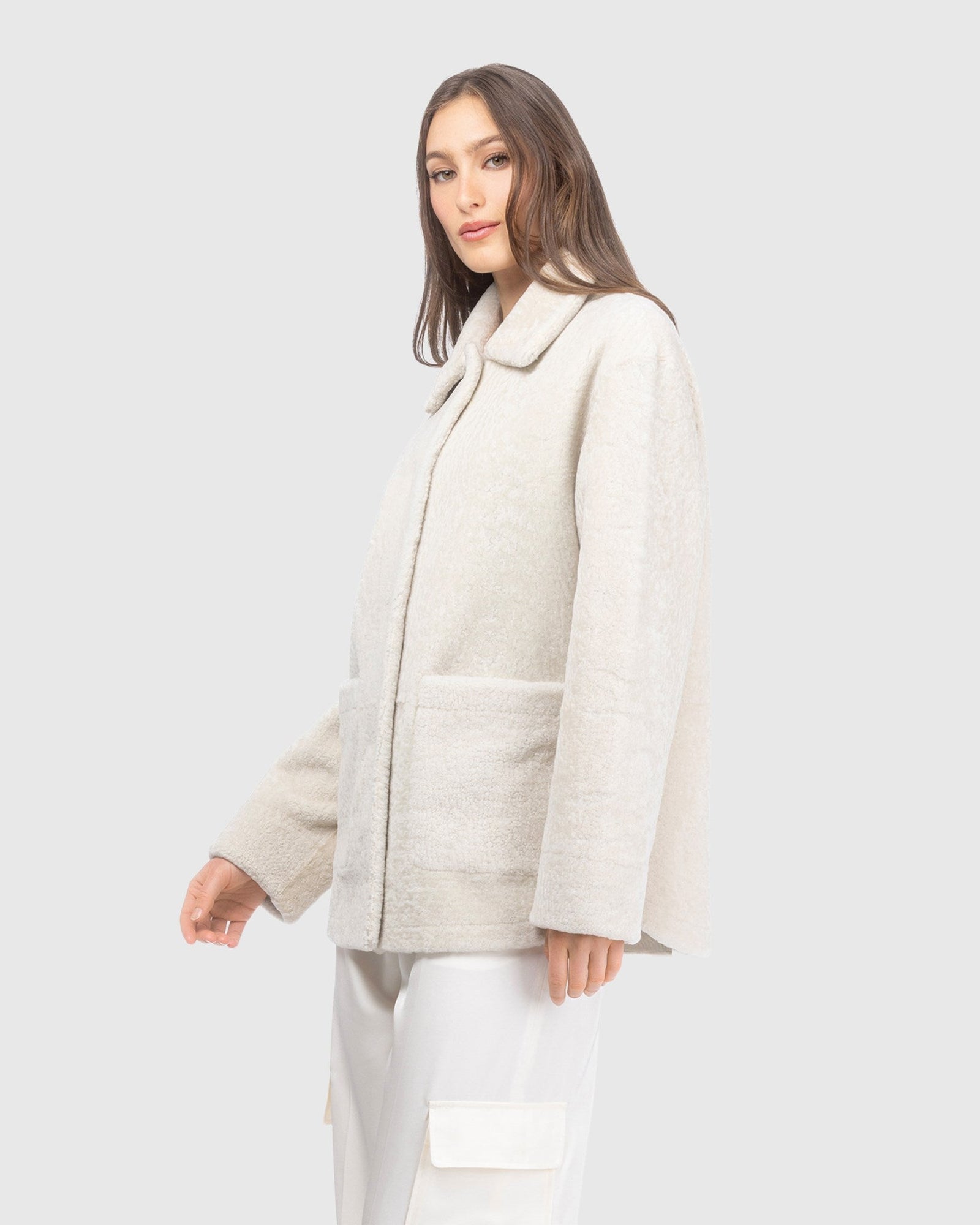 Reversible Textured Shearling Lamb Jacket | Ivory