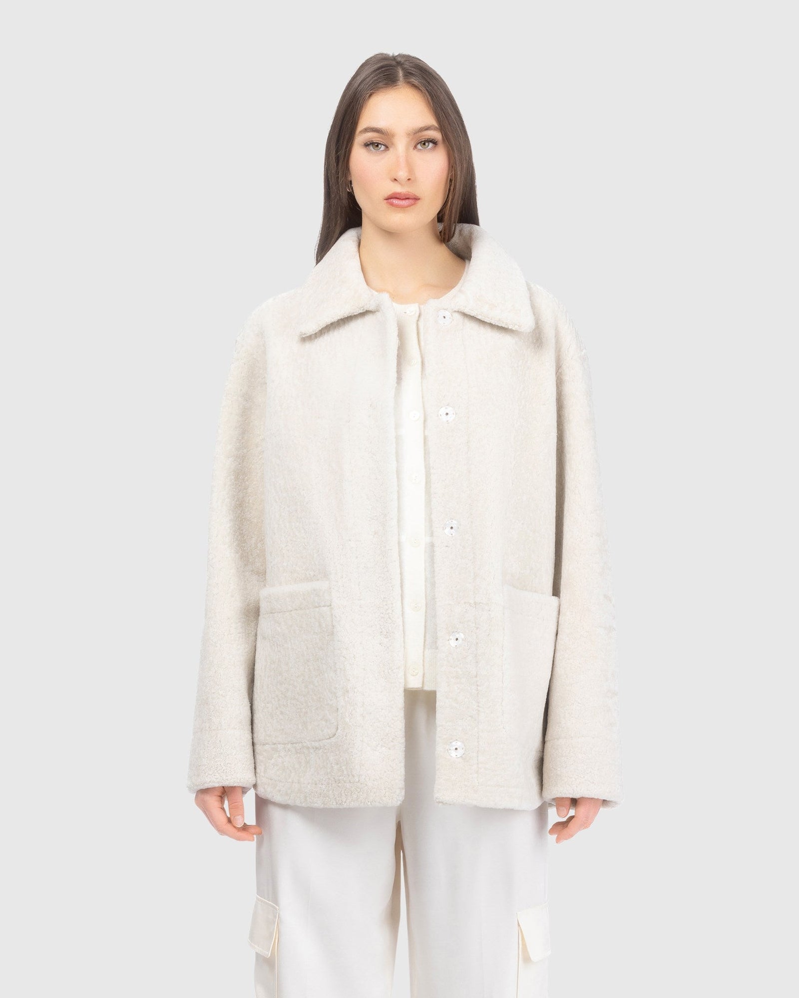 Reversible Textured Shearling Lamb Jacket | Ivory
