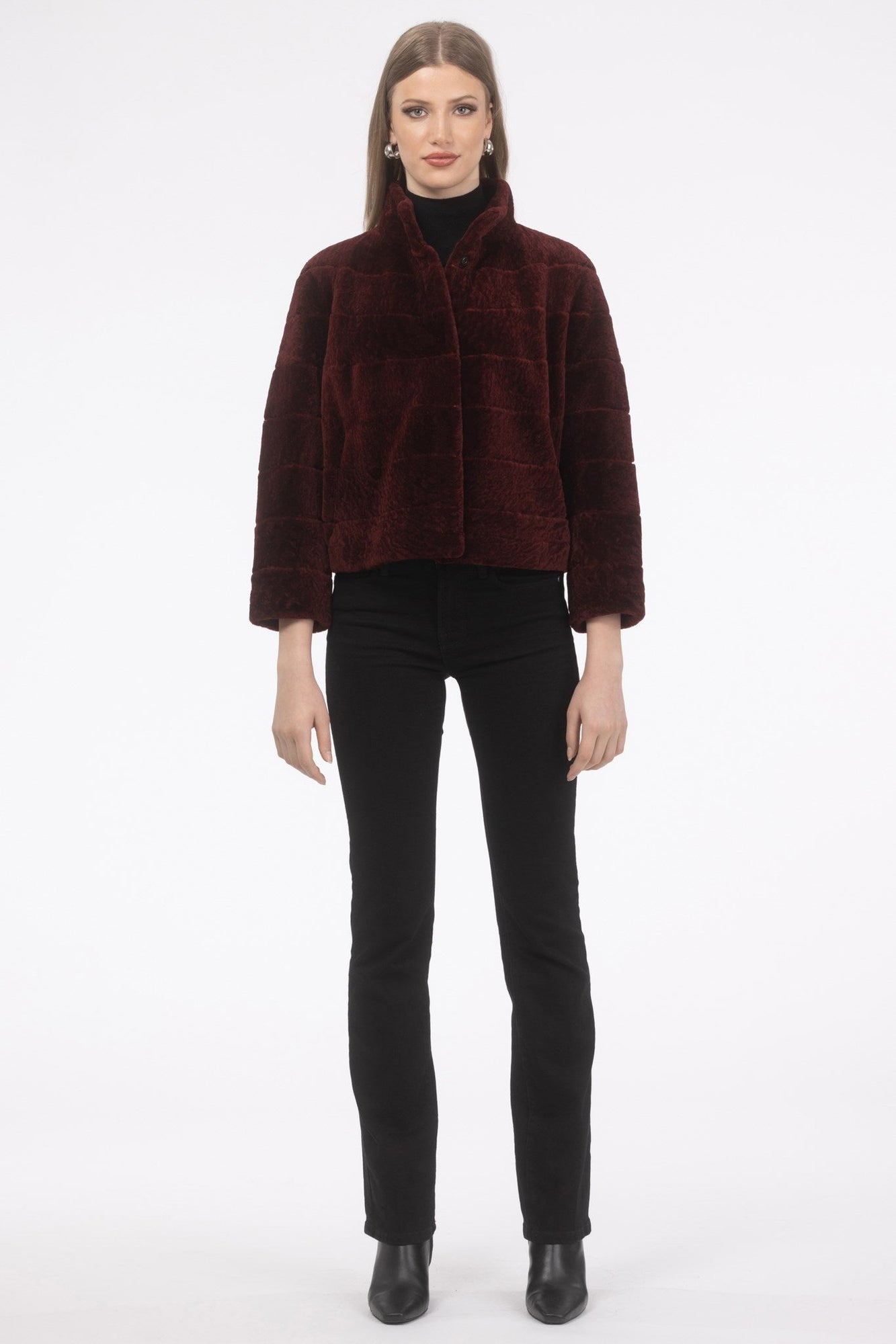 Reversible Tetured Shearling Lamb Jacket With Cropped Sleeves | Women | Wine x Wine