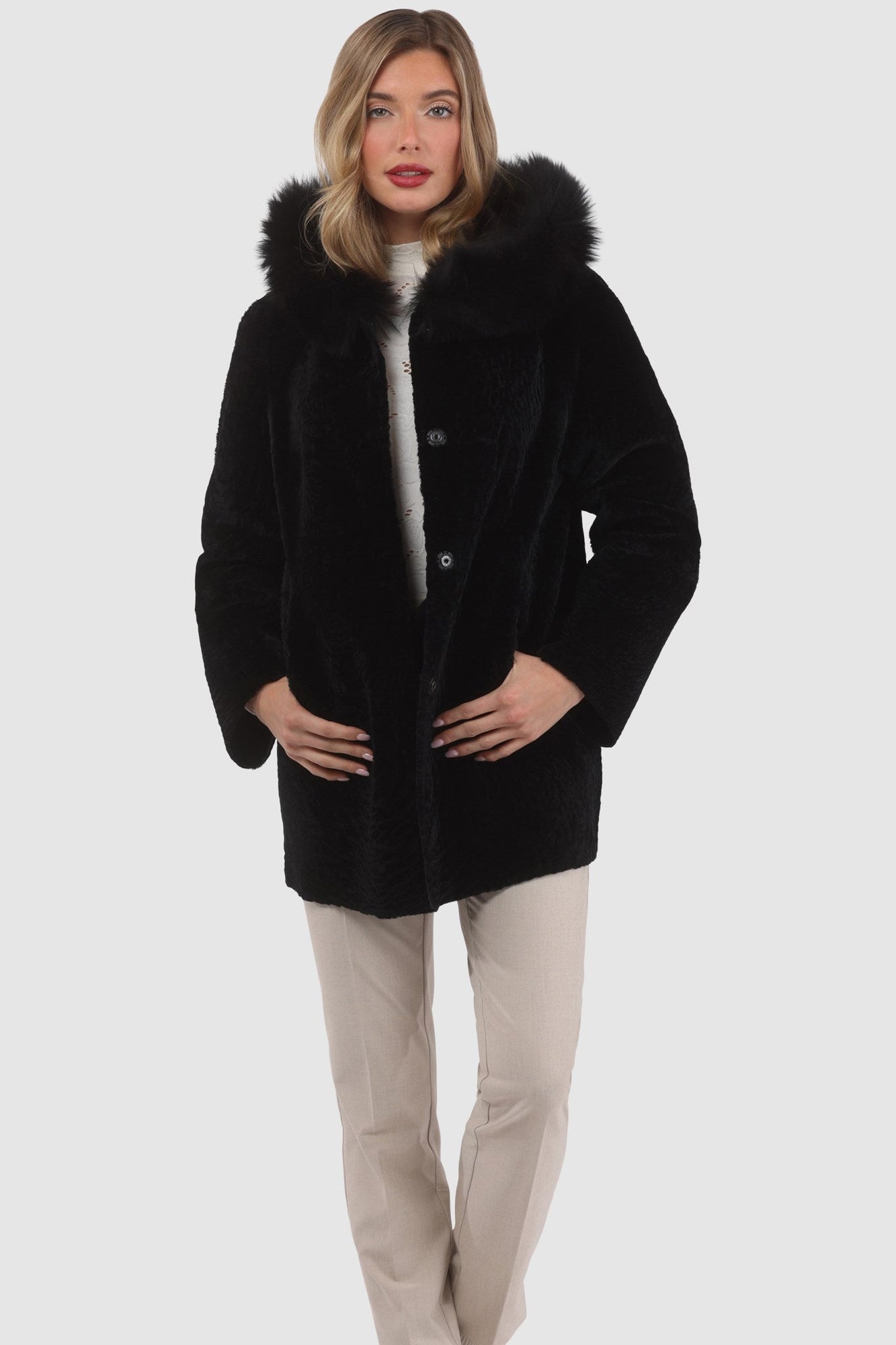 Reversible Tetured Shearling Lamb Parka With Merinillo Shearling Lamb Hood Trim | Women | Black x Black