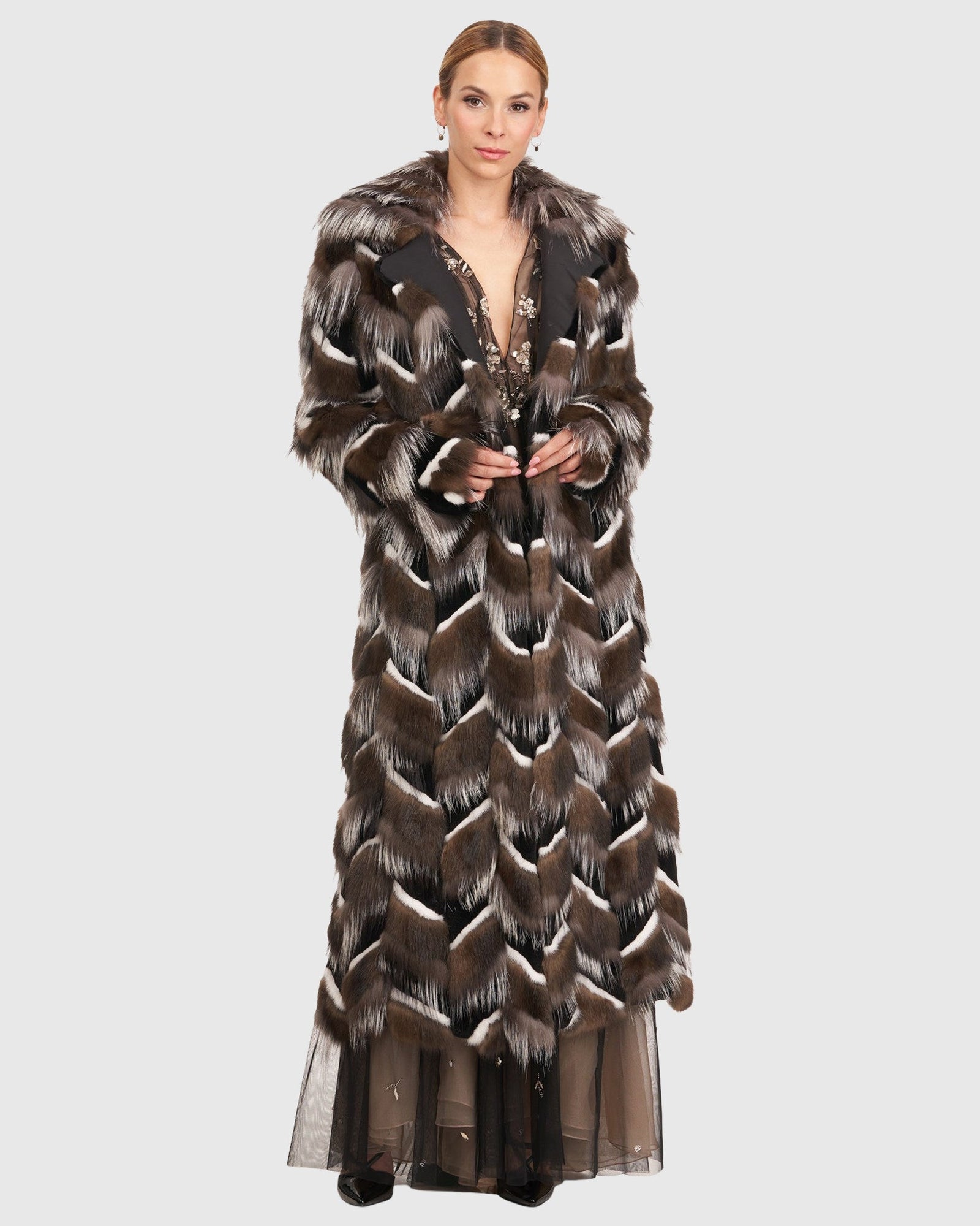 Sable, Mink And Fox Intarsia Coat With Belt | Barguzine/Black/White/Silver