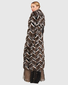 Sable, Mink And Fox Intarsia Coat With Belt | Barguzine/Black/White/Silver