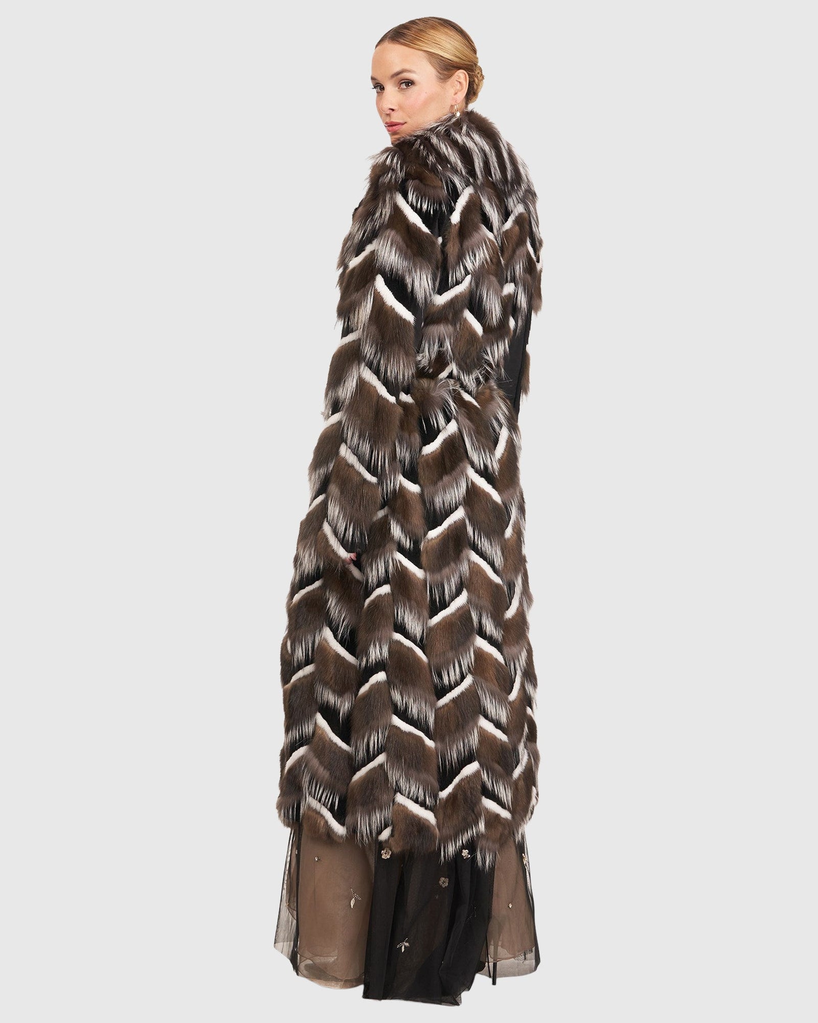 Sable, Mink And Fox Intarsia Coat With Belt | Barguzine/Black/White/Silver