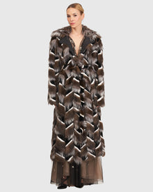 Sable, Mink And Fox Intarsia Coat With Belt | Barguzine/Black/White/Silver