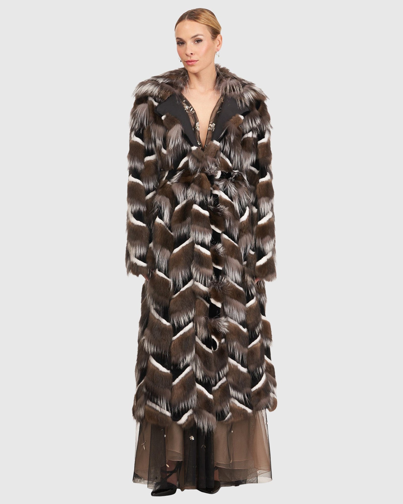 Sable, Mink And Fox Intarsia Coat With Belt | Barguzine/Black/White/Silver
