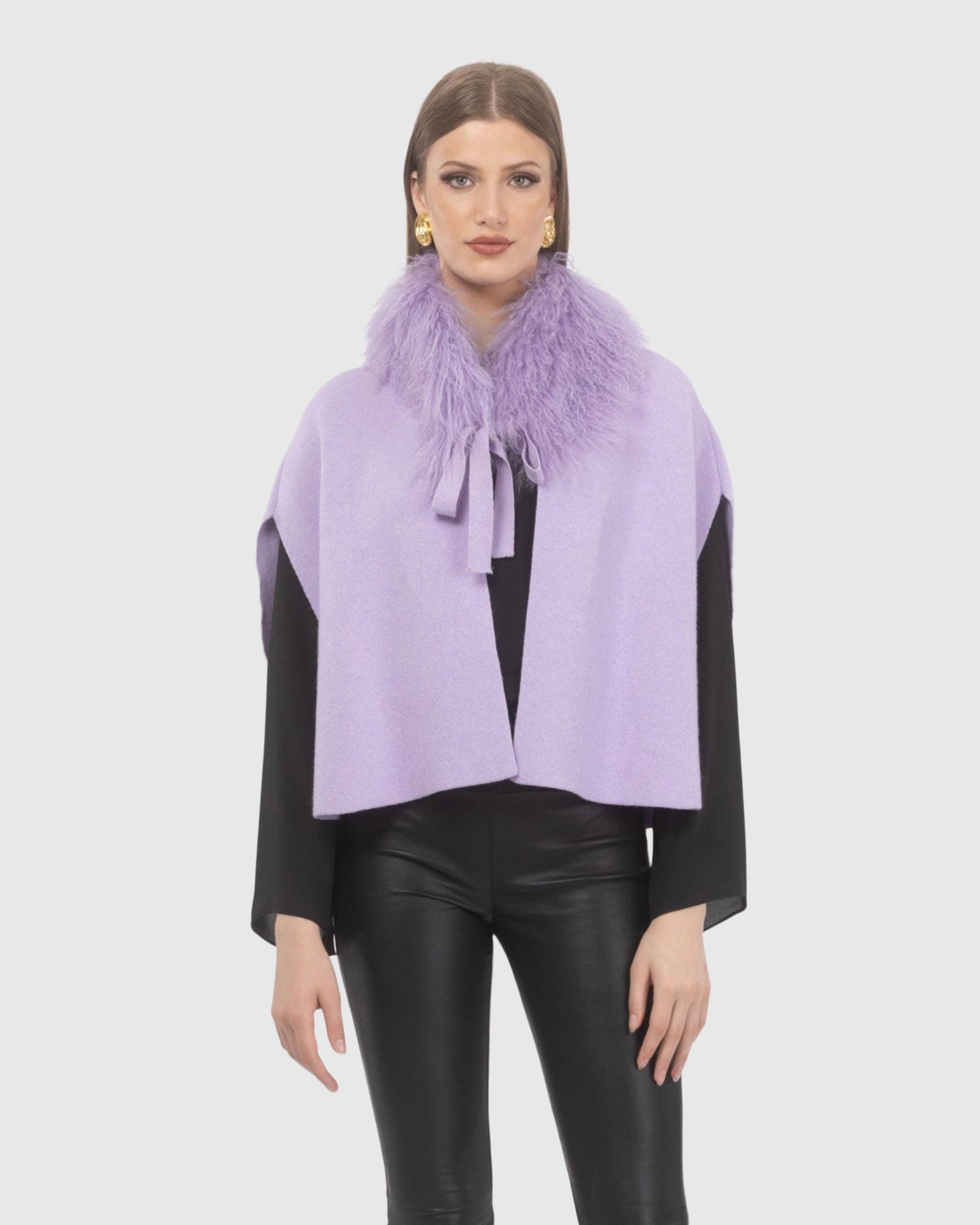 Select Cashmere And Merino Wool Blend Cape With Select Mongolian Lamb Trim | Lilac