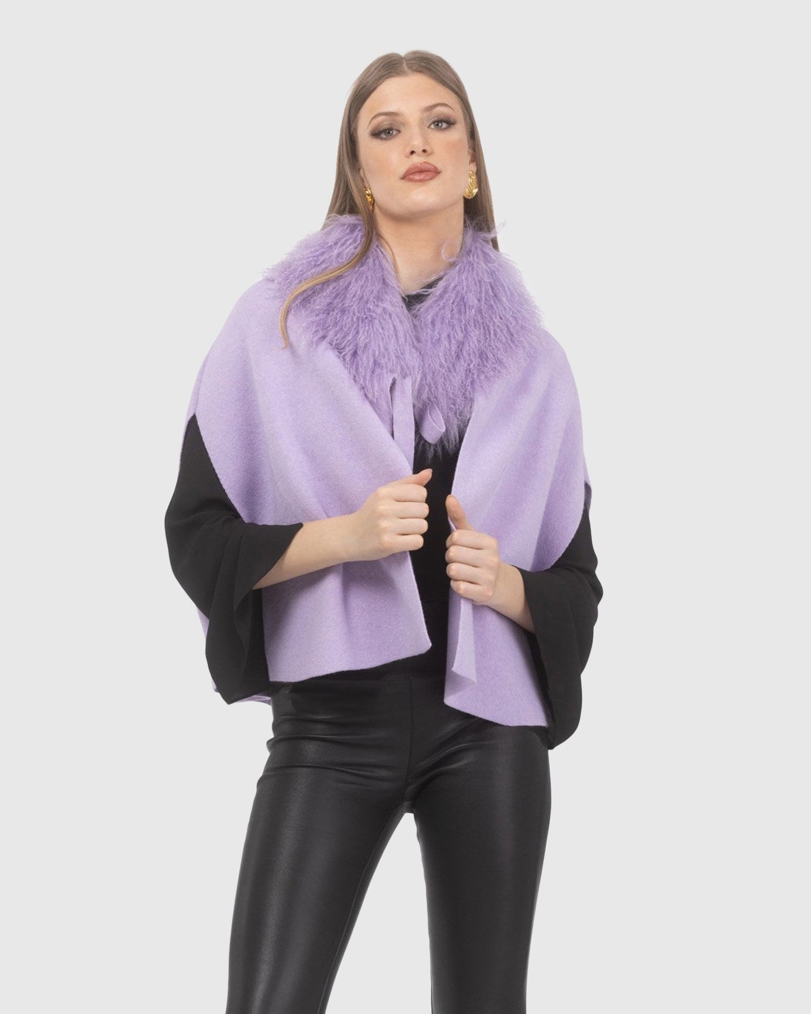 Select Cashmere And Merino Wool Blend Cape With Select Mongolian Lamb Trim | Lilac