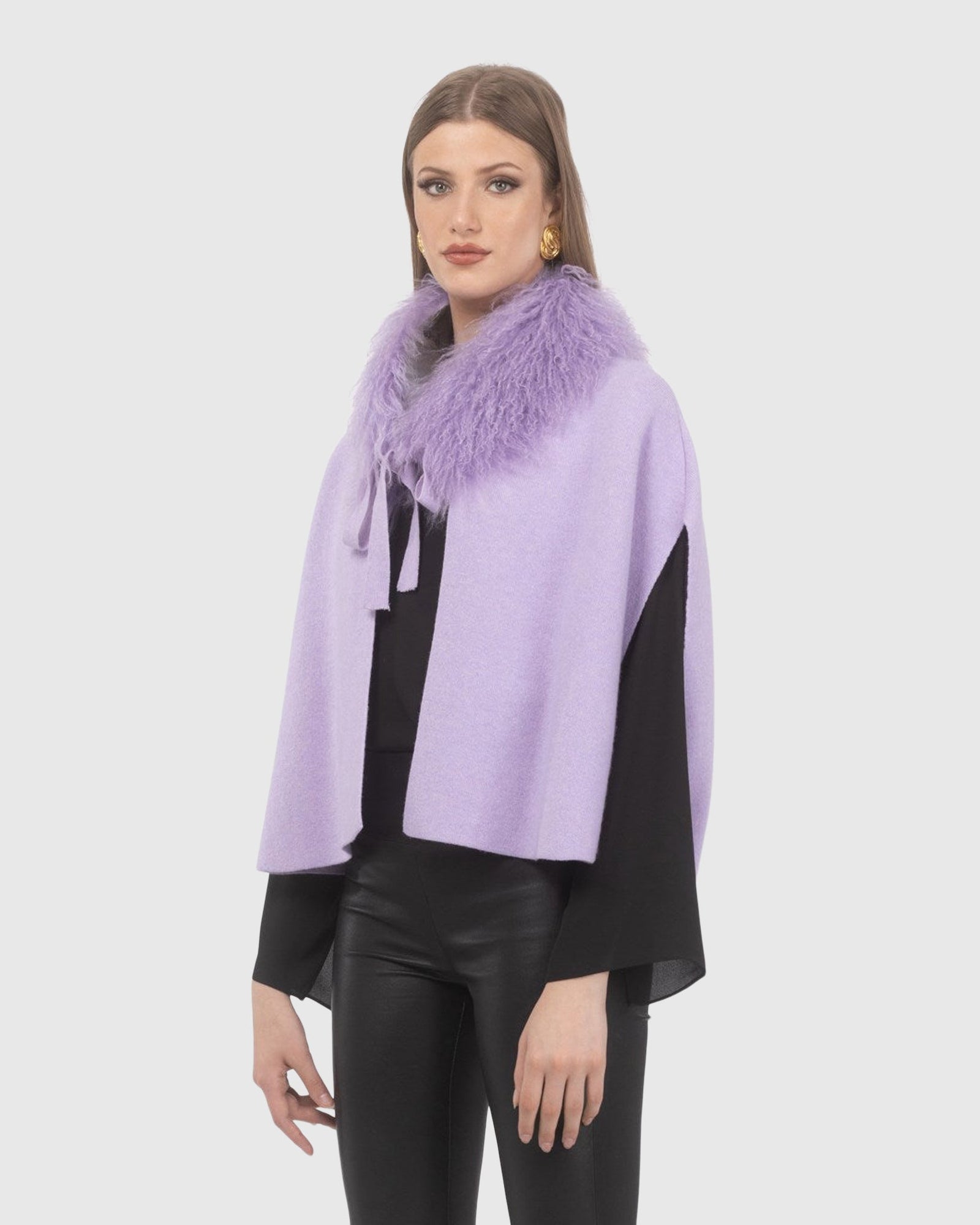 Select Cashmere And Merino Wool Blend Cape With Select Mongolian Lamb Trim | Lilac