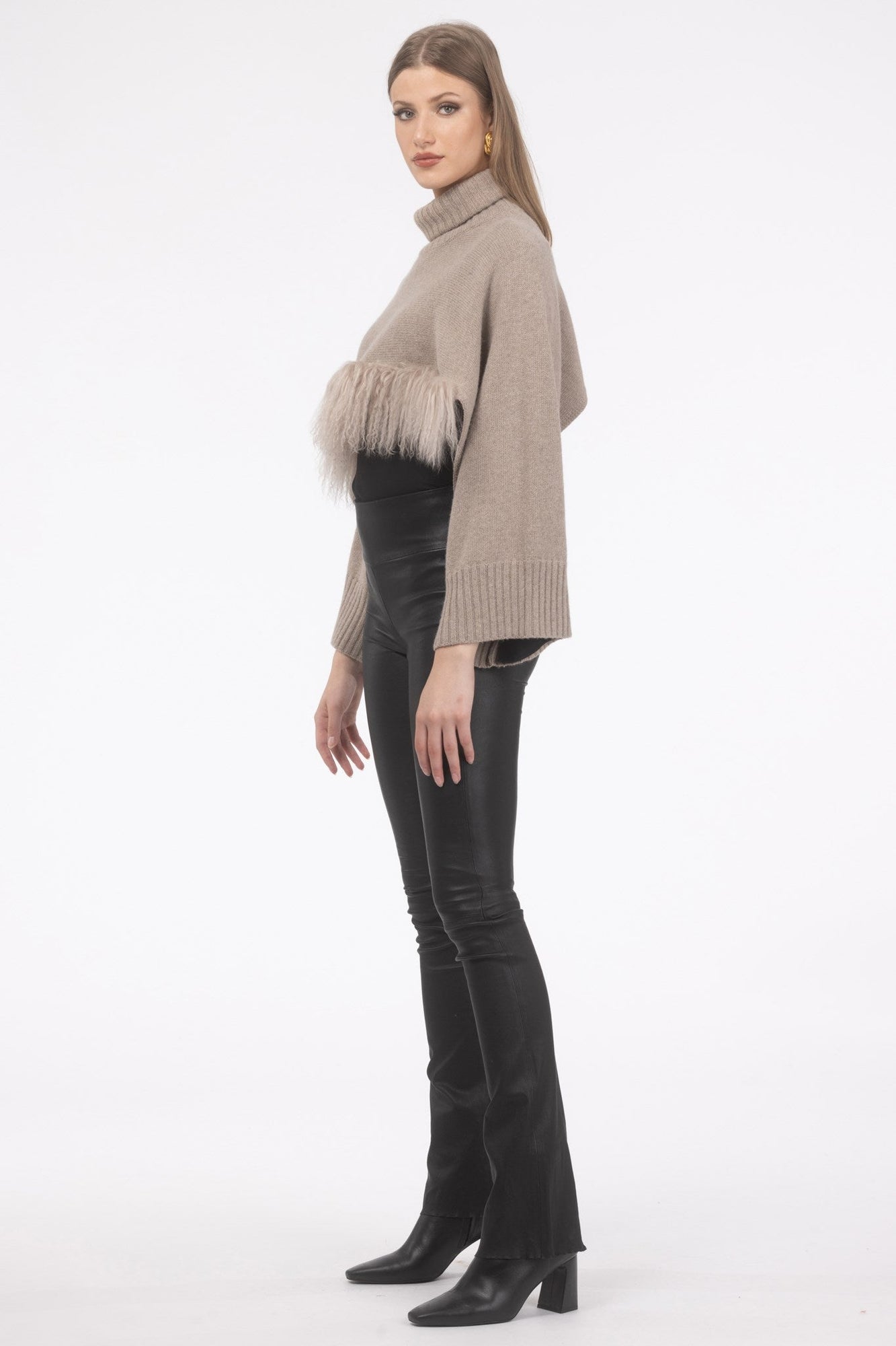 Select Cashmere And Merino Wool Blend Cropped Sweater With Select Mongolian Lamb Trim | Women | Cappucino