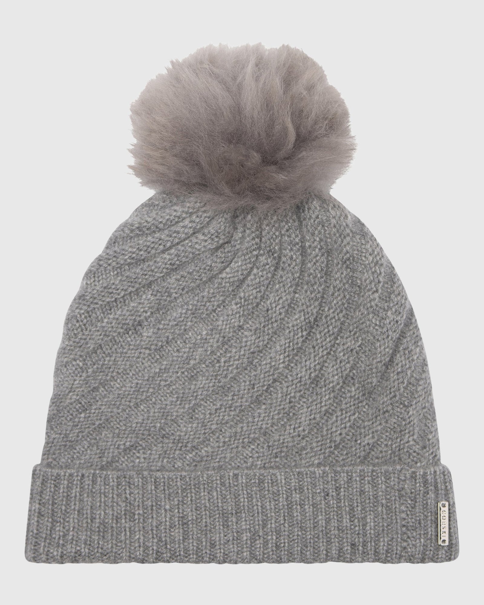 Select Cashmere Cable Knit Hat with Toscana Shearling Lamb Pompom | Gray/Gray