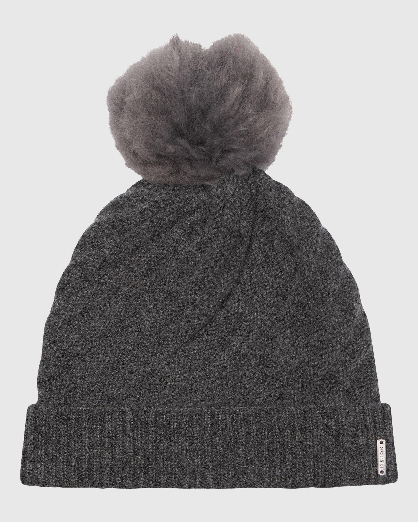 Select Cashmere Cable Knit Hat with Toscana Shearling Lamb Pompom | Anthracite/Anthracite