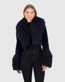 Select Cashmere Goat Bolero With Select Mongolian Goat Collar And Cuffs | Dark Blue