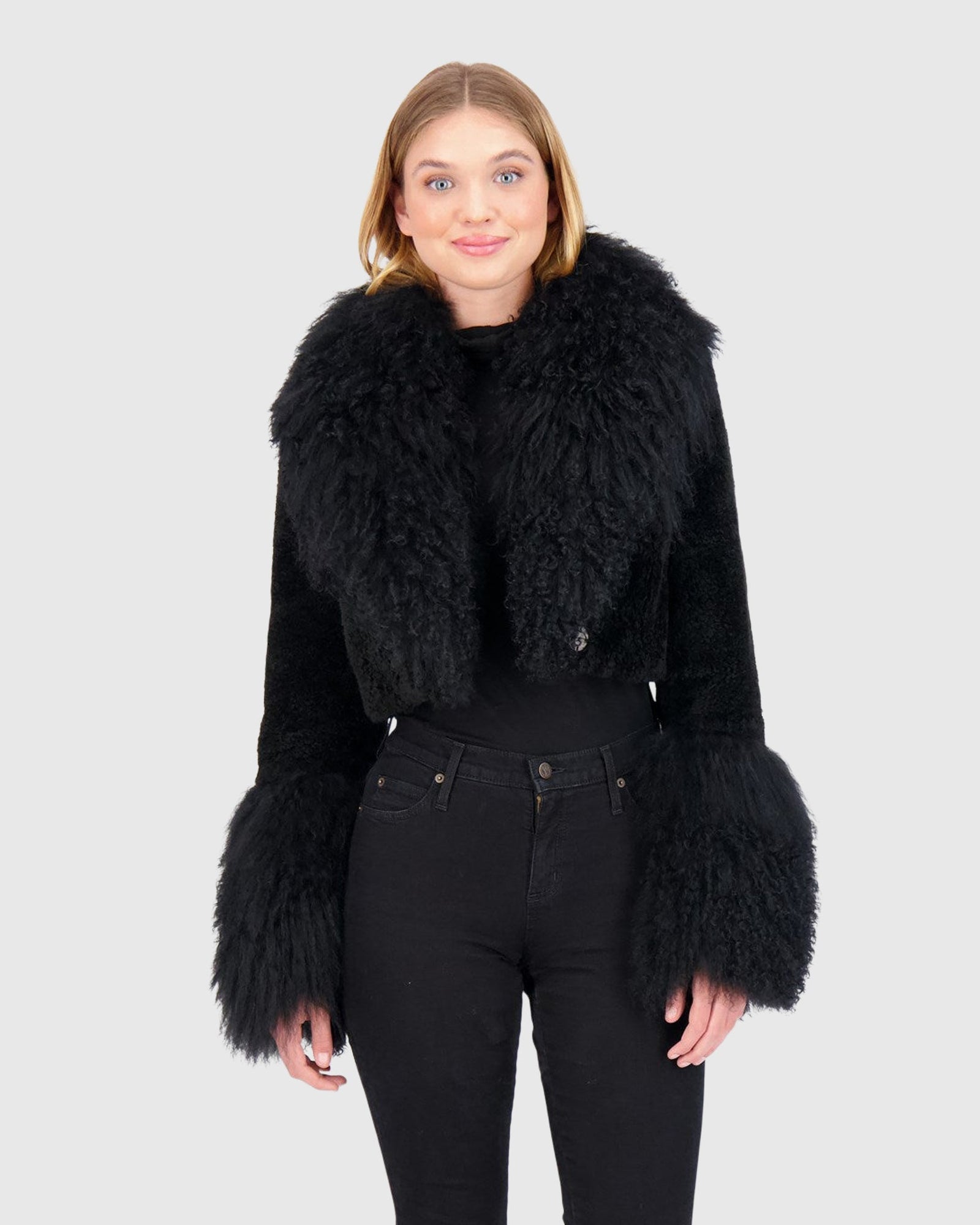 Select Cashmere Goat Bolero With Select Mongolian Goat Collar And Cuffs | Black