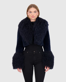 Select Cashmere Goat Bolero With Select Mongolian Goat Collar And Cuffs | Dark Blue
