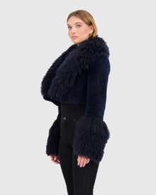 Select Cashmere Goat Bolero With Select Mongolian Goat Collar And Cuffs | Dark Blue