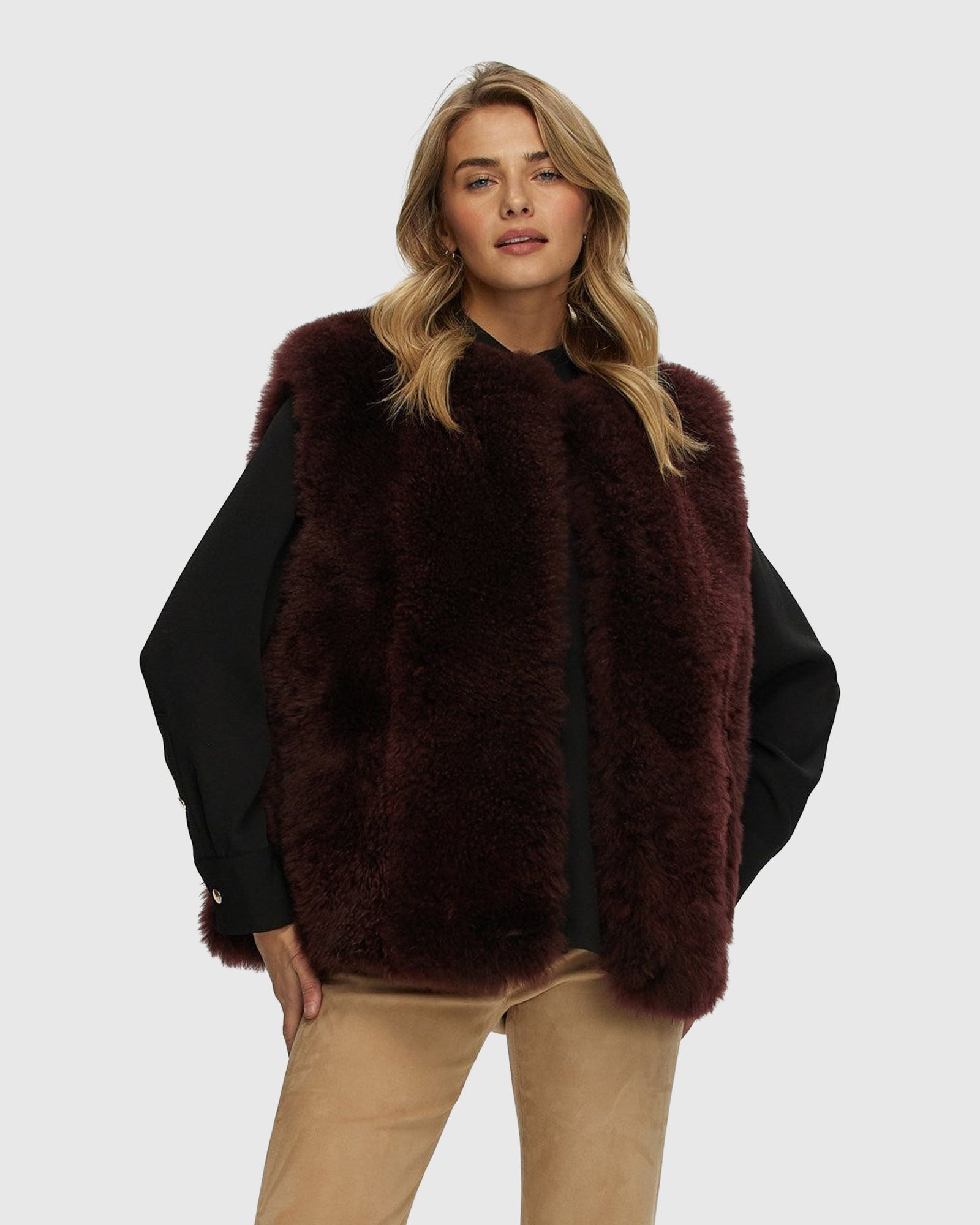Select Cashmere Goat Collarless Vest | Burgundy