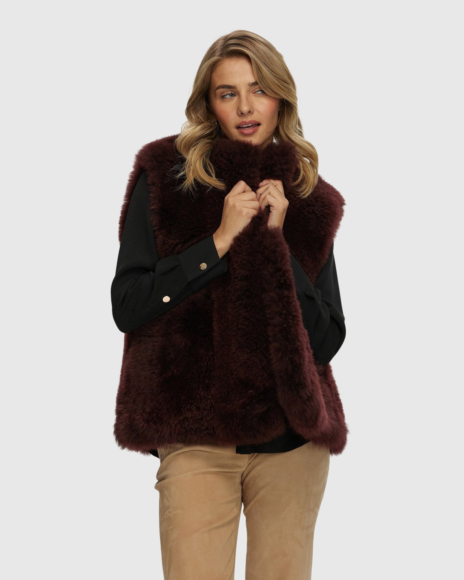 Select Cashmere Goat Collarless Vest | Burgundy