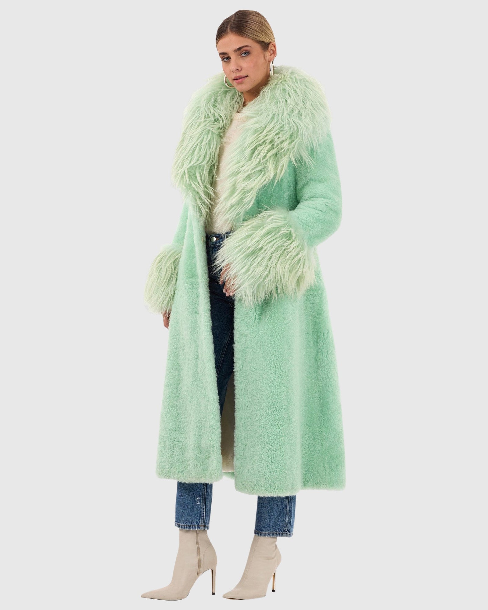 Select Cashmere Goat Short Coat With Select Goat Collar And Cuffs | Pastel Green