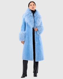 Select Cashmere Goat Short Coat With Select Mongolian Goat Shawl Collar And Cuffs | Blue