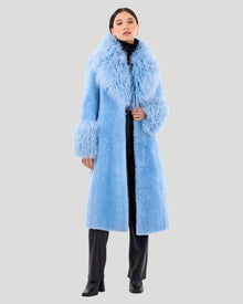 Select Cashmere Goat Short Coat With Select Mongolian Goat Shawl Collar And Cuffs | Women | Blue