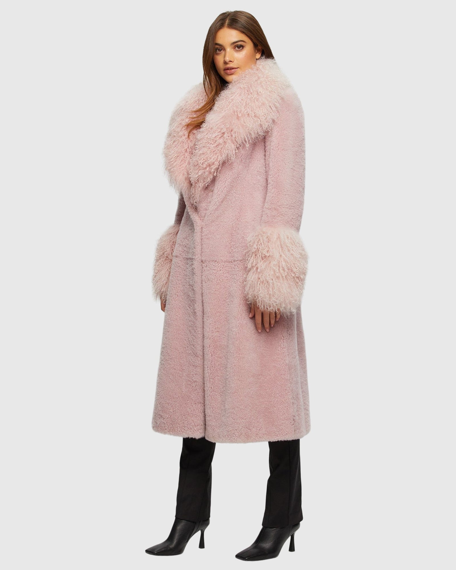 Select Cashmere Goat Short Coat With Select Mongolian Goat Shawl Collar And Cuffs | Pink