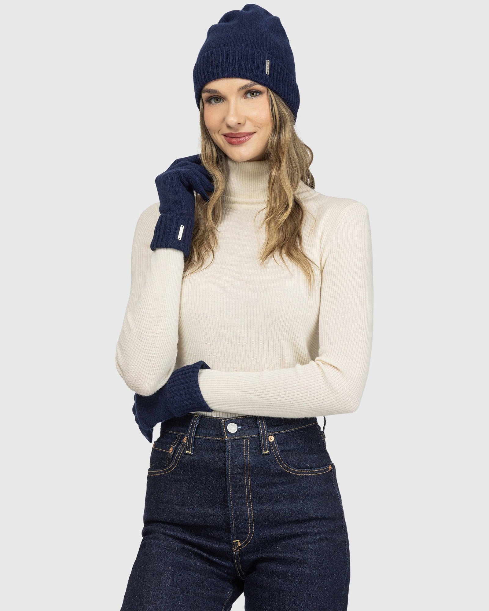 Select Cashmere Knit Beanie And Glove Set (2 Pcs) | Navy