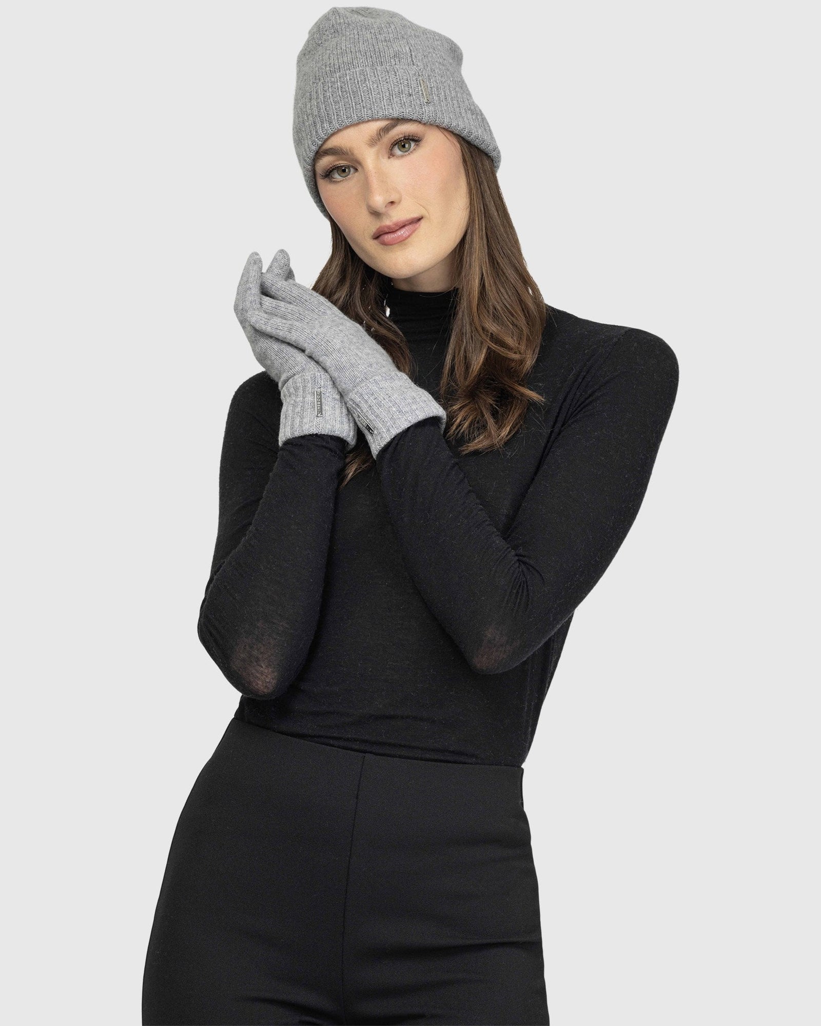 Select Cashmere Knit Beanie And Glove Set (2 Pcs) | Gray