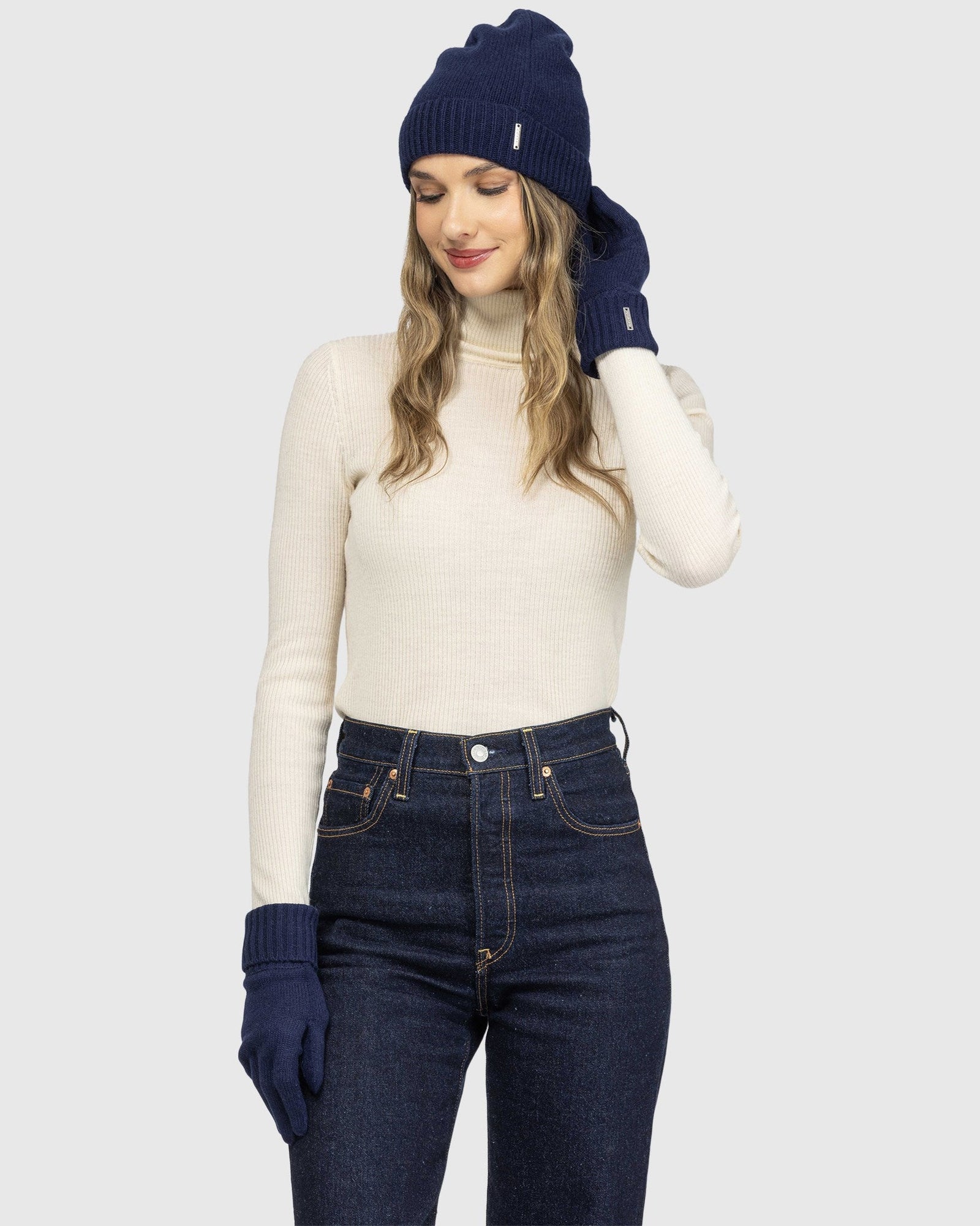 Select Cashmere Knit Beanie And Glove Set (2 Pcs) | Navy