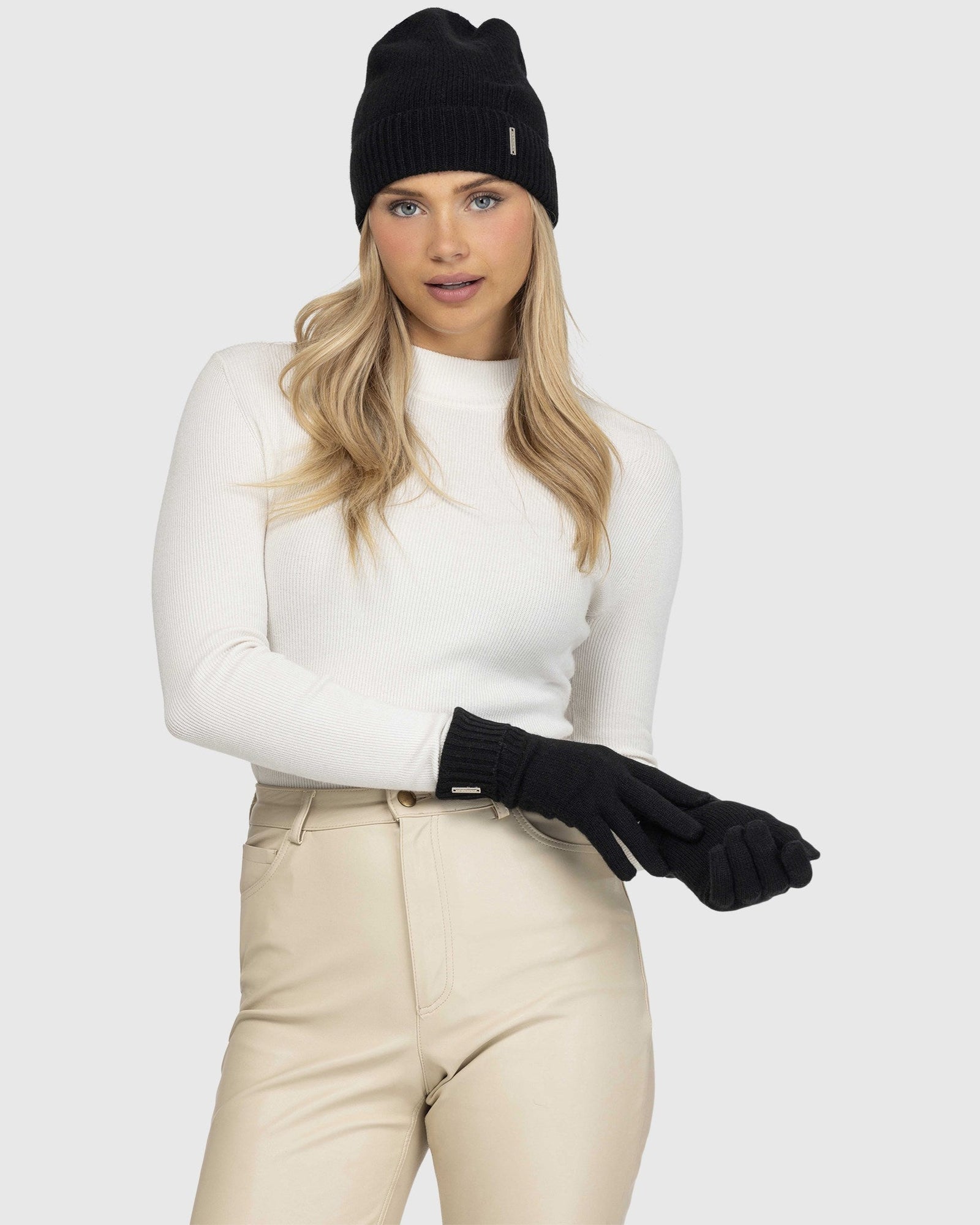 Select Cashmere Knit Beanie And Glove Set (2 Pcs) | Black