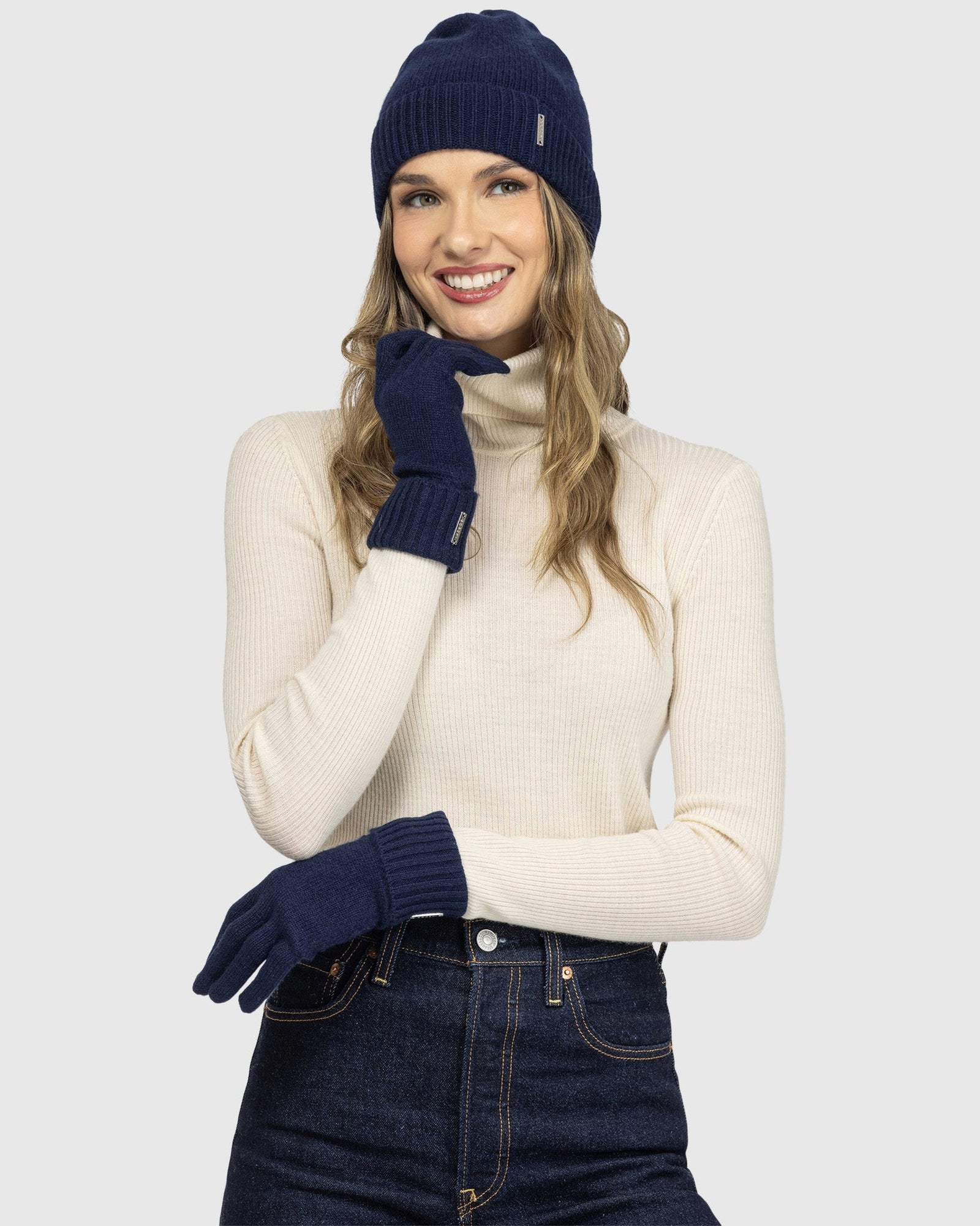 Select Cashmere Knit Beanie And Glove Set (2 Pcs) | Navy