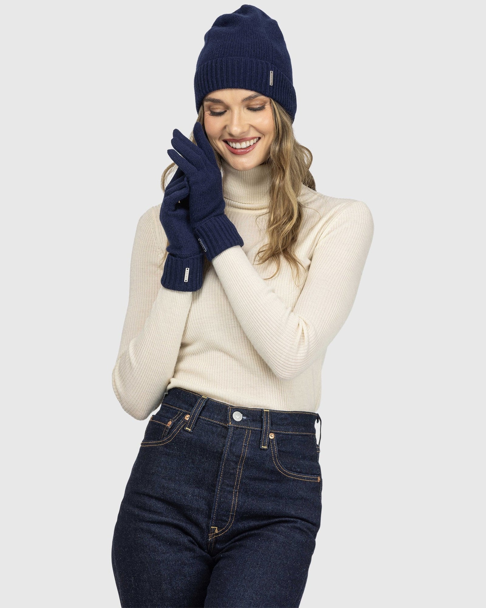 Select Cashmere Knit Beanie And Glove Set (2 Pcs) | Navy