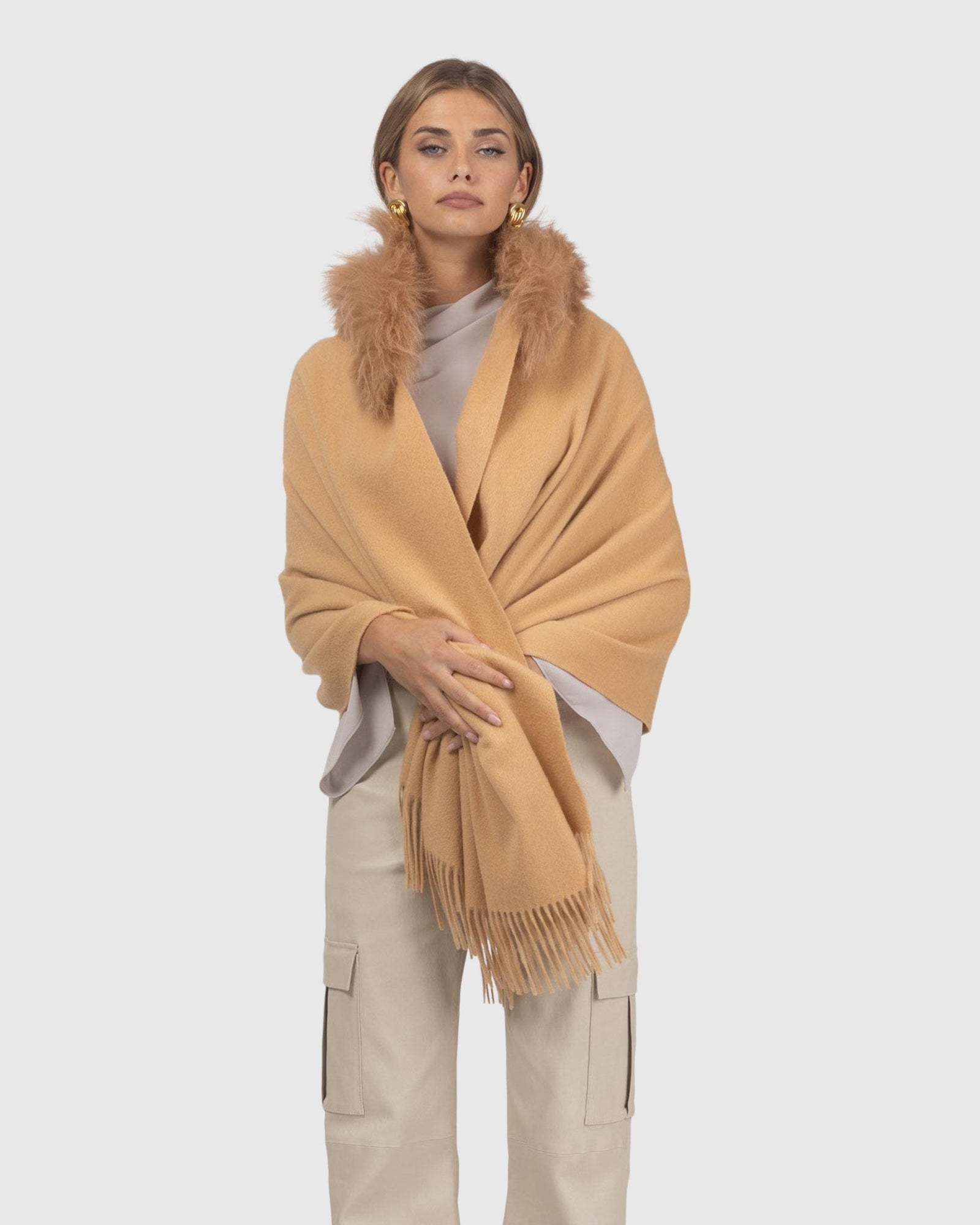 Select Cashmere Stole With Select Lamb Collar | Light Camel