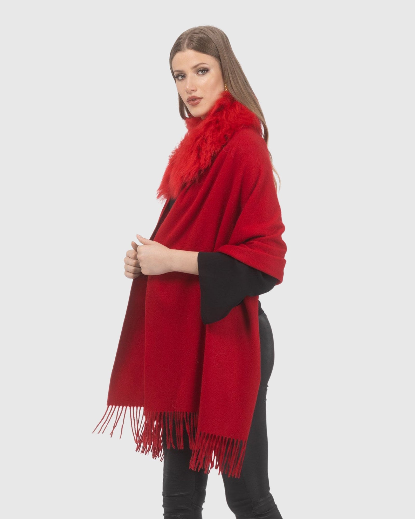 Select Cashmere Stole With Select Lamb Collar | Red