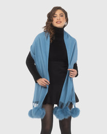 Select Cashmere Stole With Select Lamb Pompoms | Blue