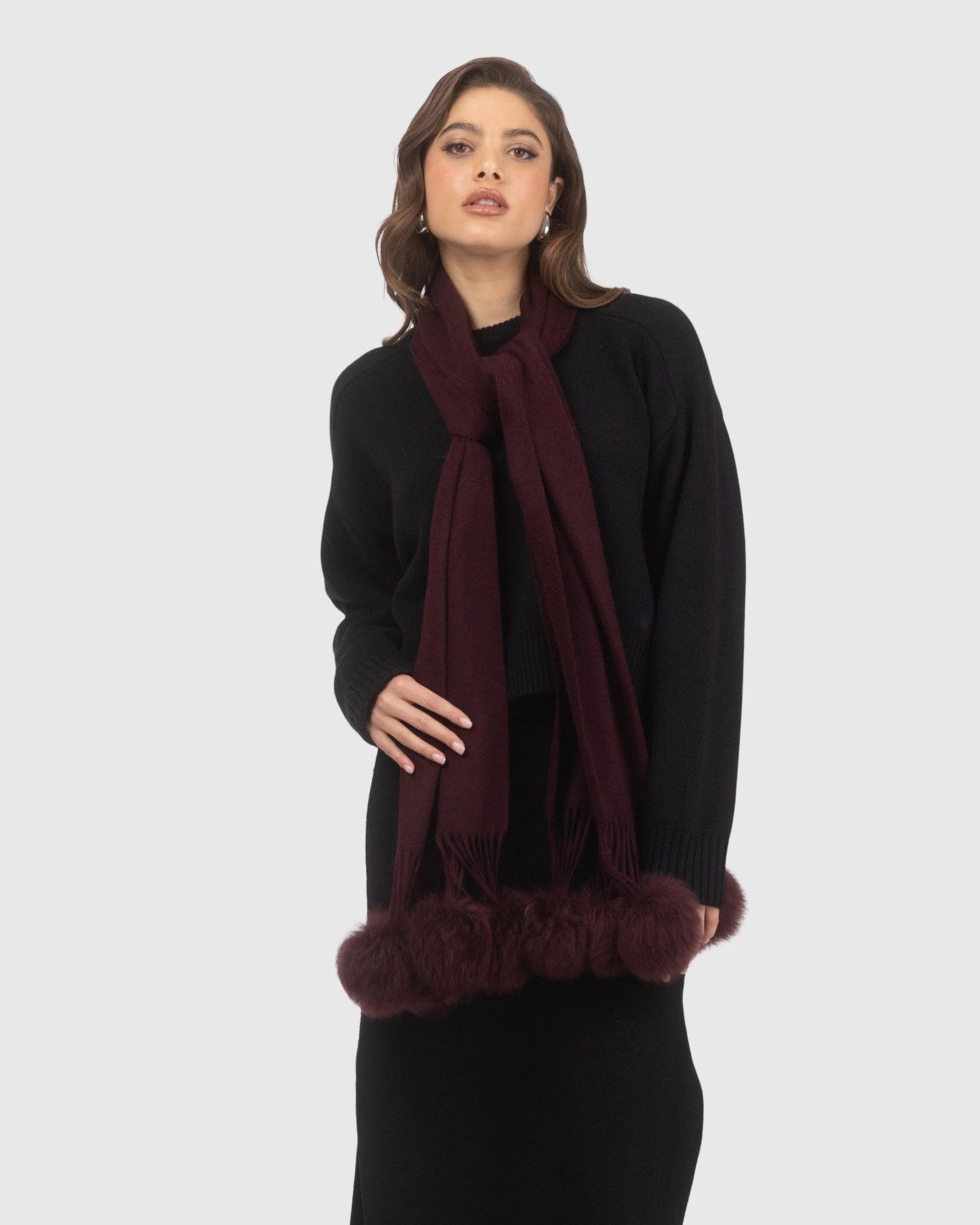 Select Cashmere Stole With Select Lamb Pompoms | Burgundy