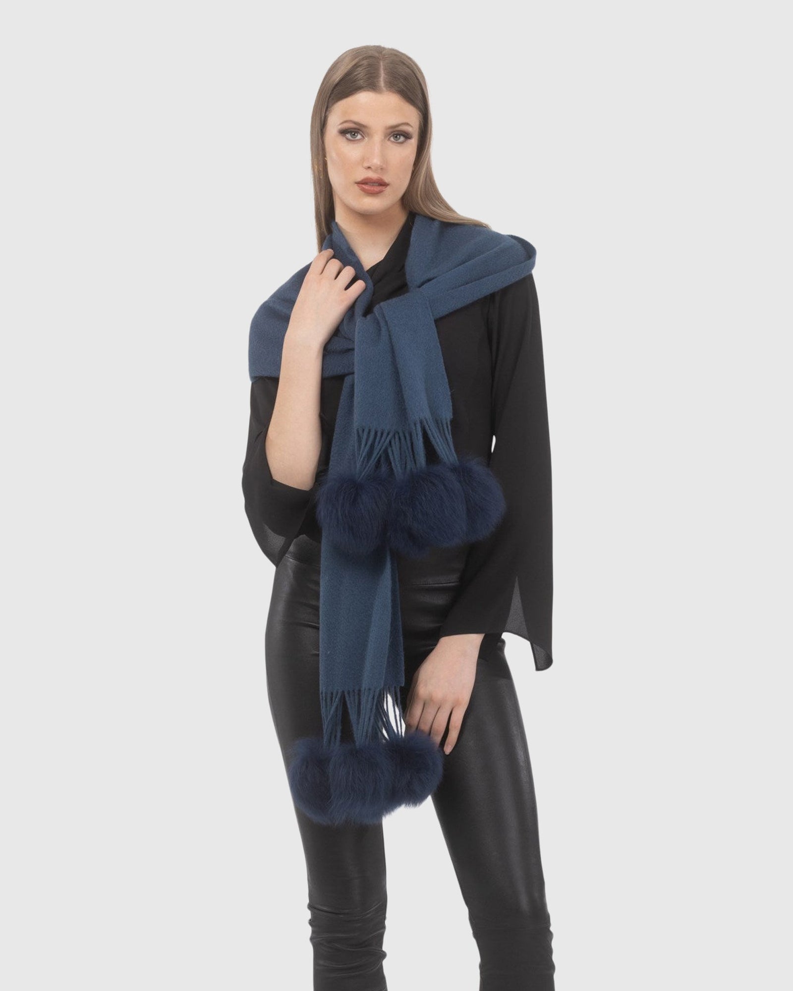 Select Cashmere Stole With Select Lamb Pompoms | Dark Blue